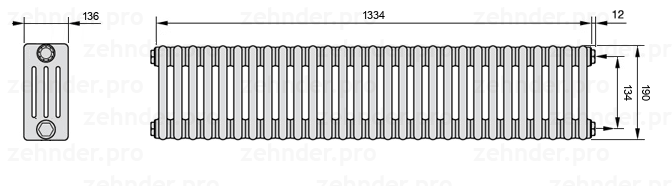 Схема (чертеж) Радиатор Zehnder Charleston 4019/29 №7610 Белый глянцевый RAL 9016